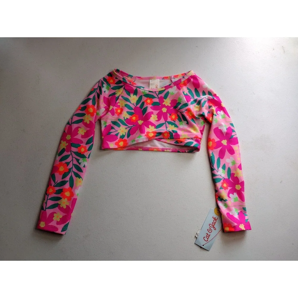 Cat‎ & Jack Girls XS 4/5 Floral Long Sleeve Rash Guard Swim Top Pink Twist Front